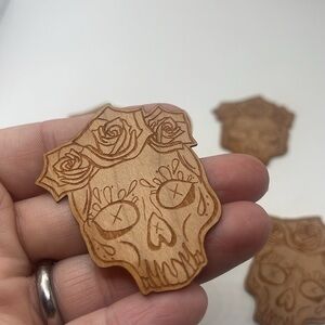 Wooden Skull Sugar‎ Skull stickers with Rose Design Lot of 5